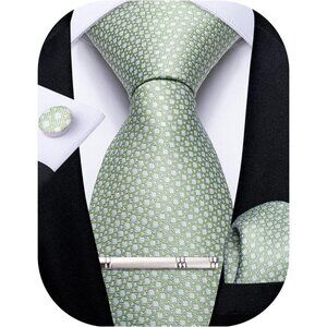 🆕Men Green Plaid Silk Checkered Necktie Pocket Square Cufflinks Tie Clip Set